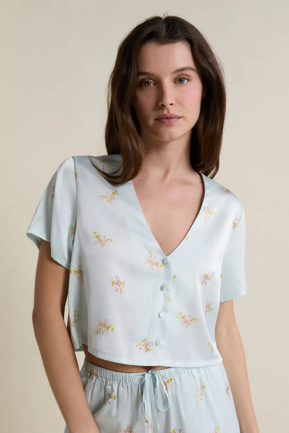 Best ETAM Chemise de pyjama courte satinée IMP BLEU VERT