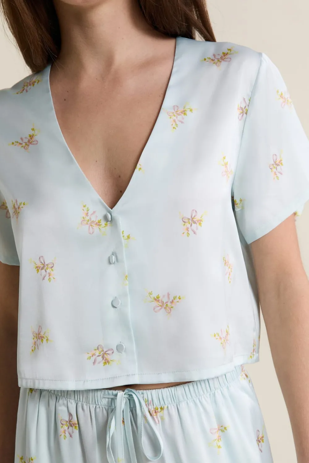 Best ETAM Chemise de pyjama courte satinée IMP BLEU VERT