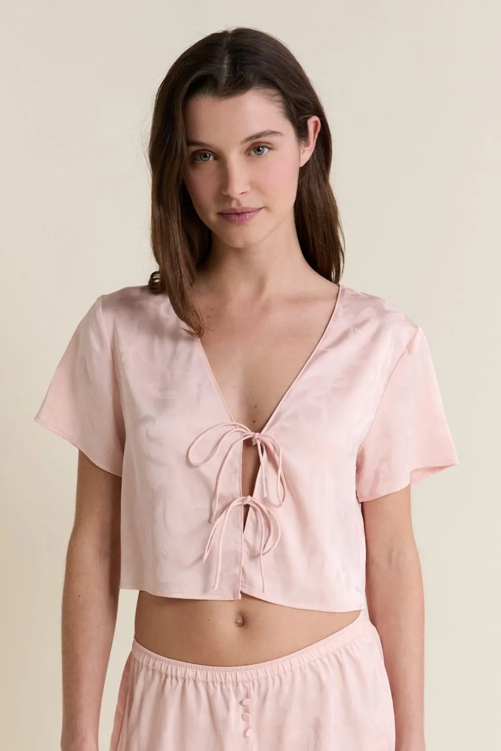 Clearance ETAM Chemise de pyjama satinée avec noeuds IMP FOND ROSE
