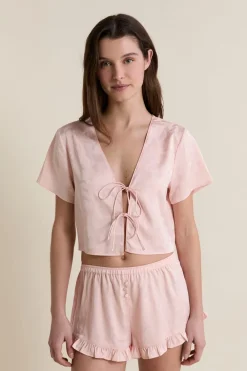Clearance ETAM Chemise de pyjama satinée avec noeuds IMP FOND ROSE