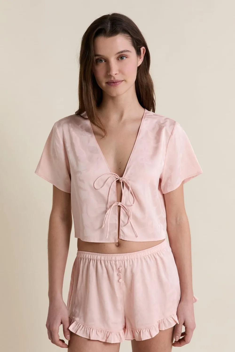 Clearance ETAM Chemise de pyjama satinée avec noeuds IMP FOND ROSE