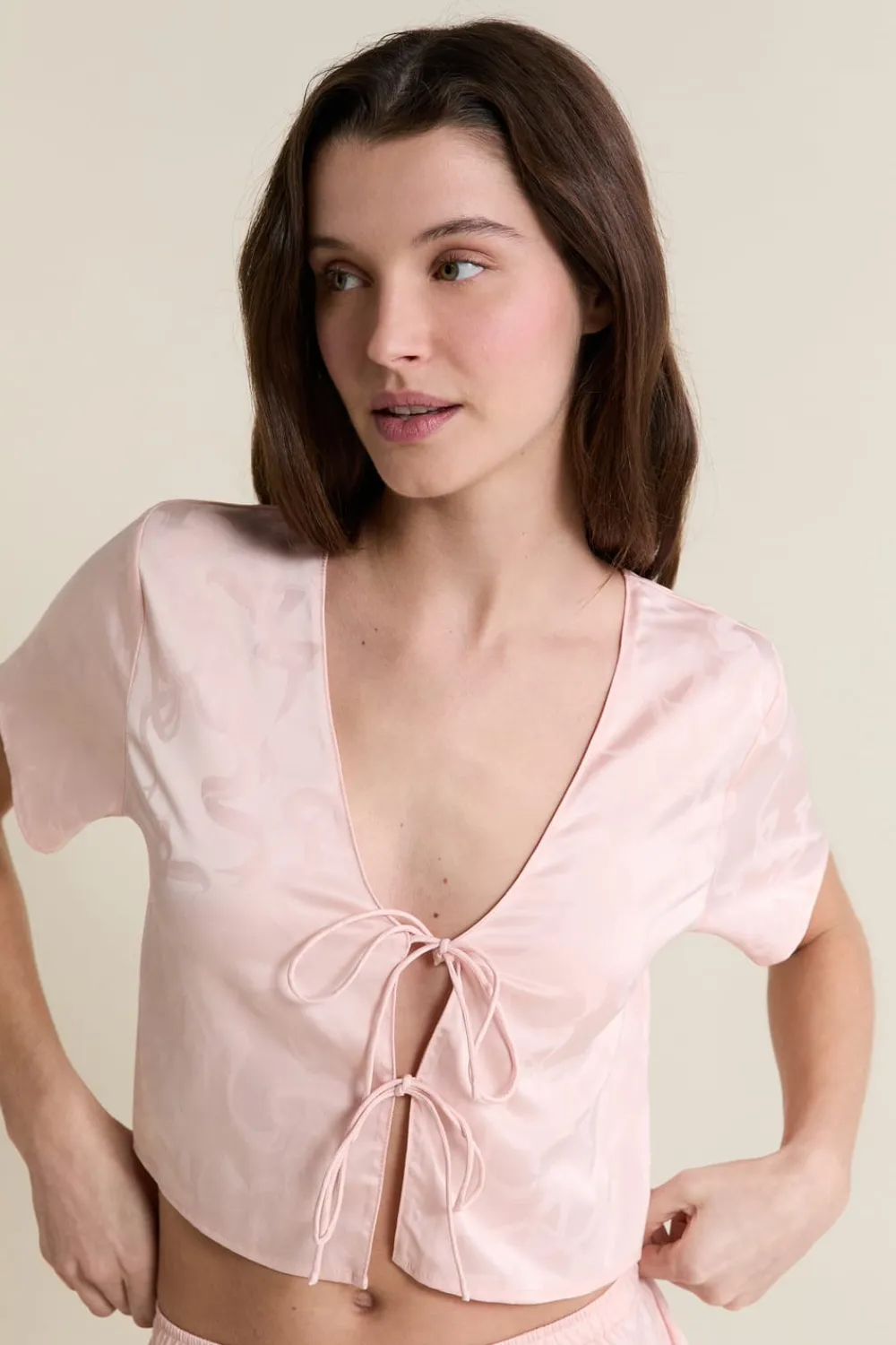 Clearance ETAM Chemise de pyjama satinée avec noeuds IMP FOND ROSE