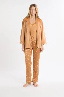 New ETAM Conjunto de pijama de 3 piezas de satén con estampado floral IMP FD MARRÓN