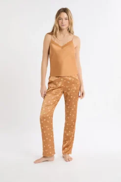 New ETAM Conjunto de pijama de 3 piezas de satén con estampado floral IMP FD MARRÓN