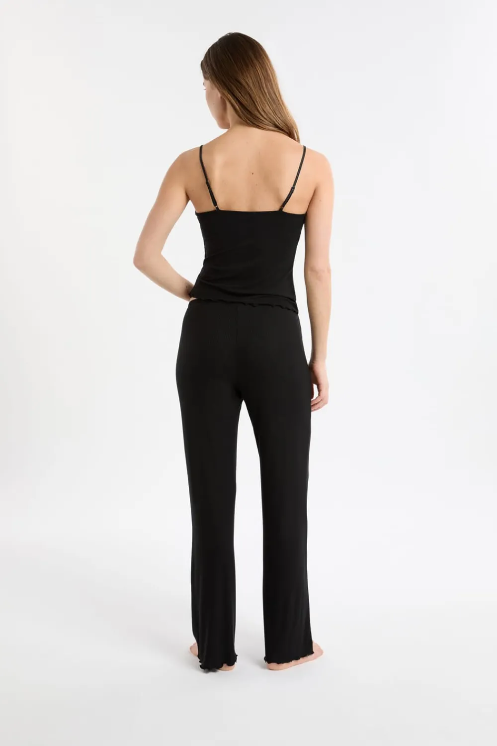 New ETAM Conjunto de pijama de 2 piezas de punto acanalado con detalles de encaje NEGRO