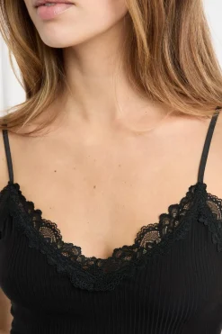 New ETAM Conjunto de pijama de 2 piezas de punto acanalado con detalles de encaje NEGRO