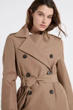Discount ETAM Gabardina larga con cinturón y algodón Topo