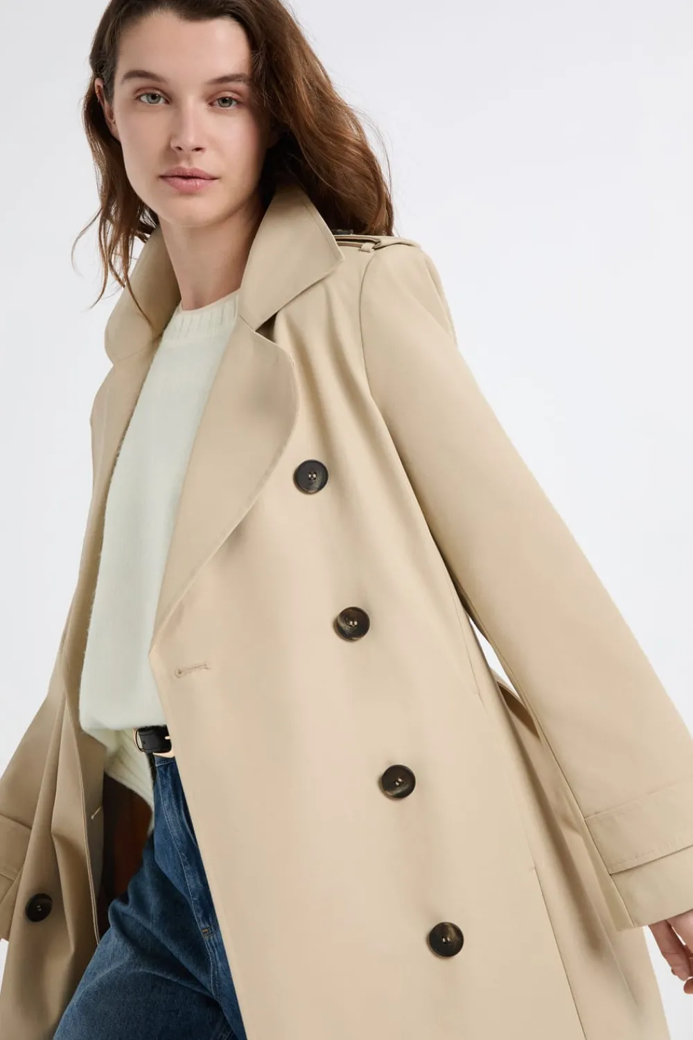 ETAM Gabardina larga con cinturón y algodón BEIGE