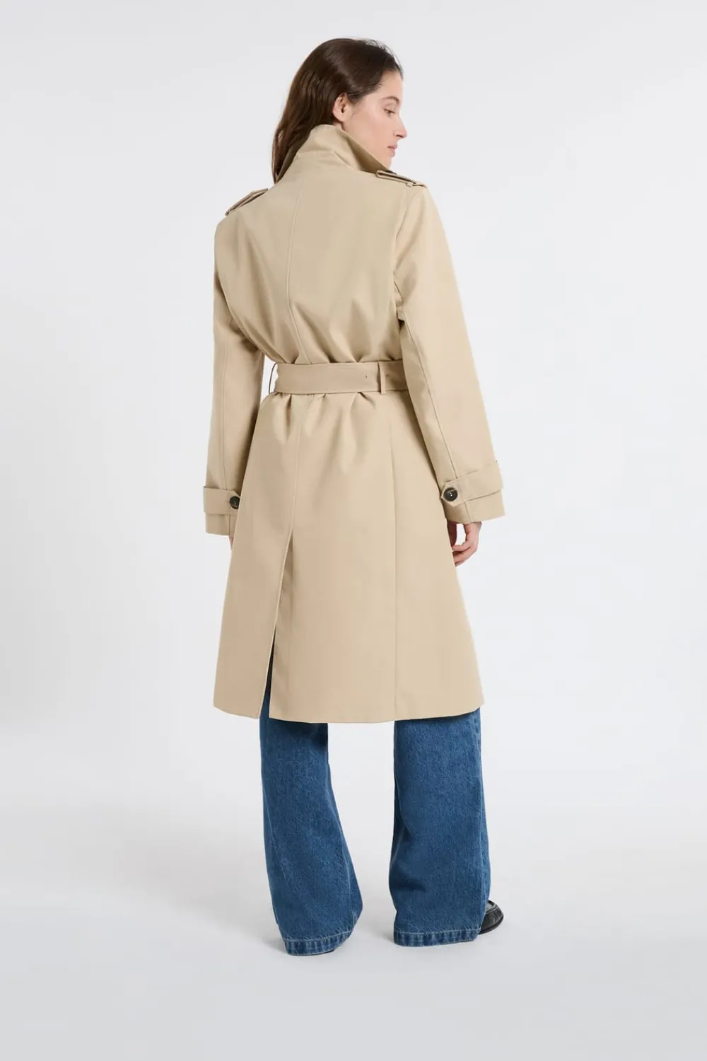 ETAM Gabardina larga con cinturón y algodón BEIGE