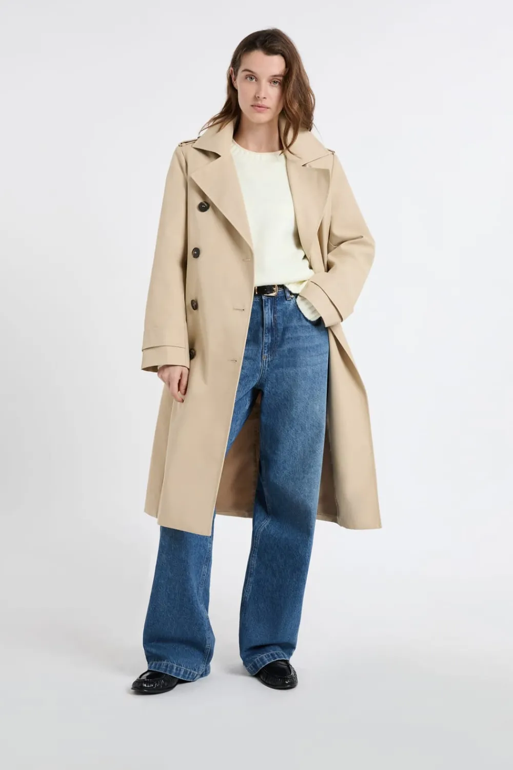 ETAM Gabardina larga con cinturón y algodón BEIGE