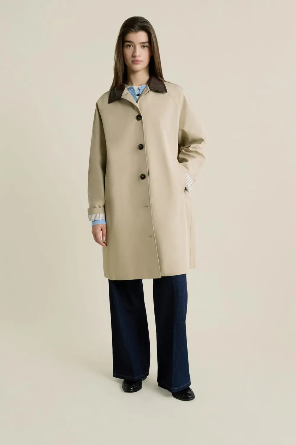 Sale ETAM Gabardina larga con cuello de algodón en contraste BEIGE