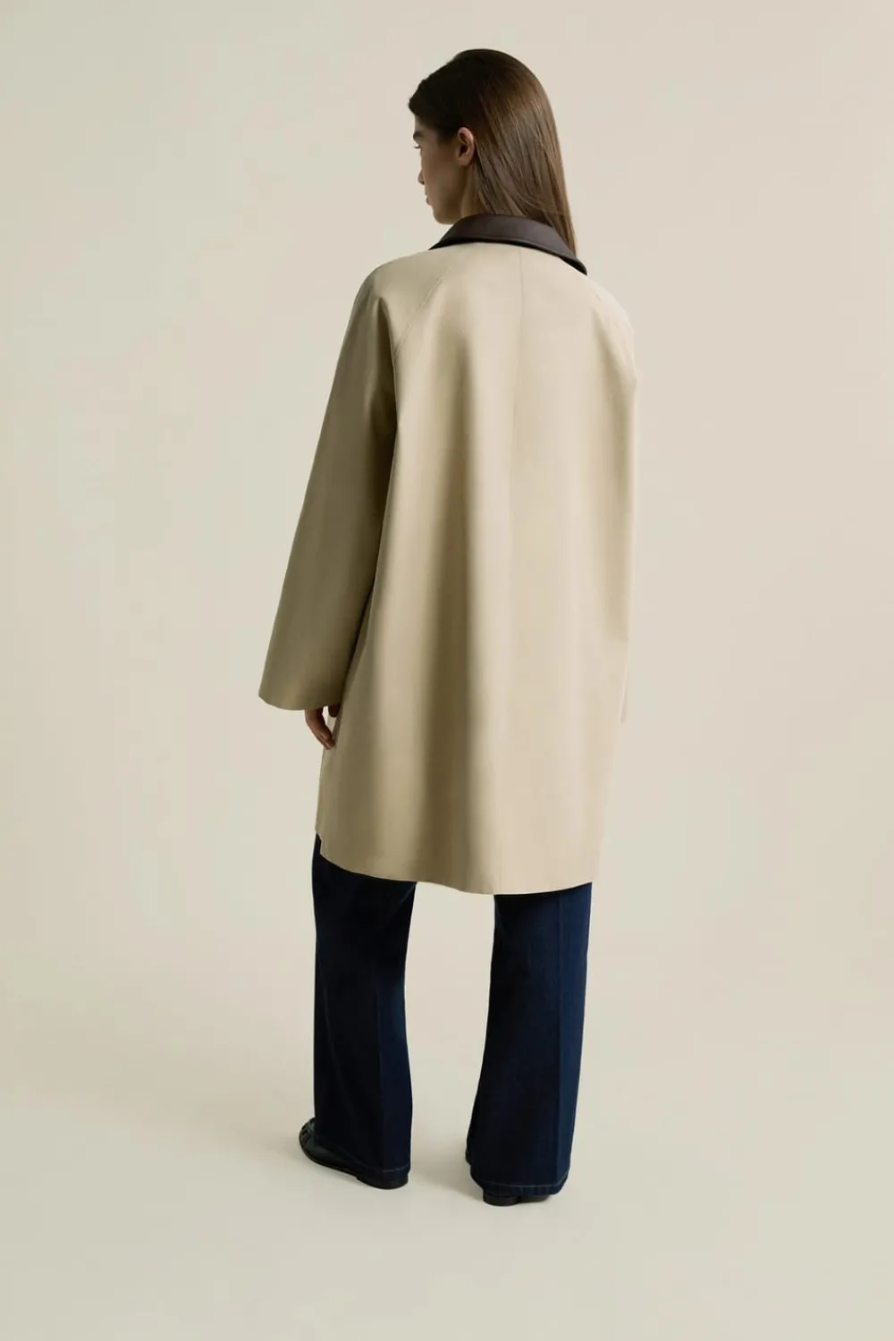 Sale ETAM Gabardina larga con cuello de algodón en contraste BEIGE
