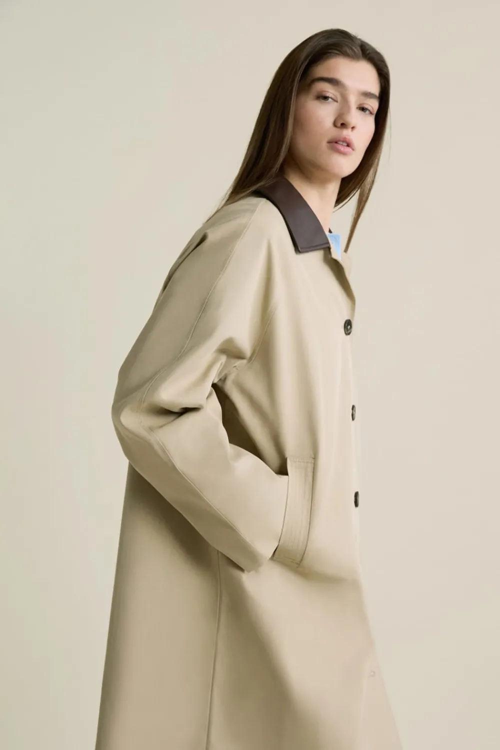 Sale ETAM Gabardina larga con cuello de algodón en contraste BEIGE