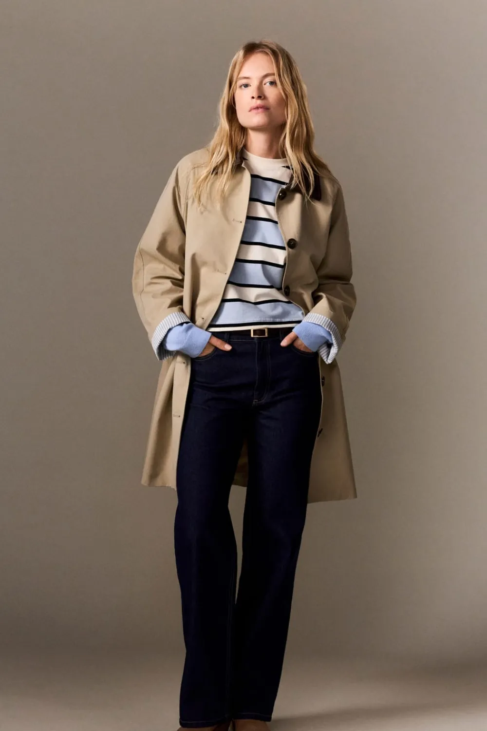Sale ETAM Gabardina larga con cuello de algodón en contraste BEIGE