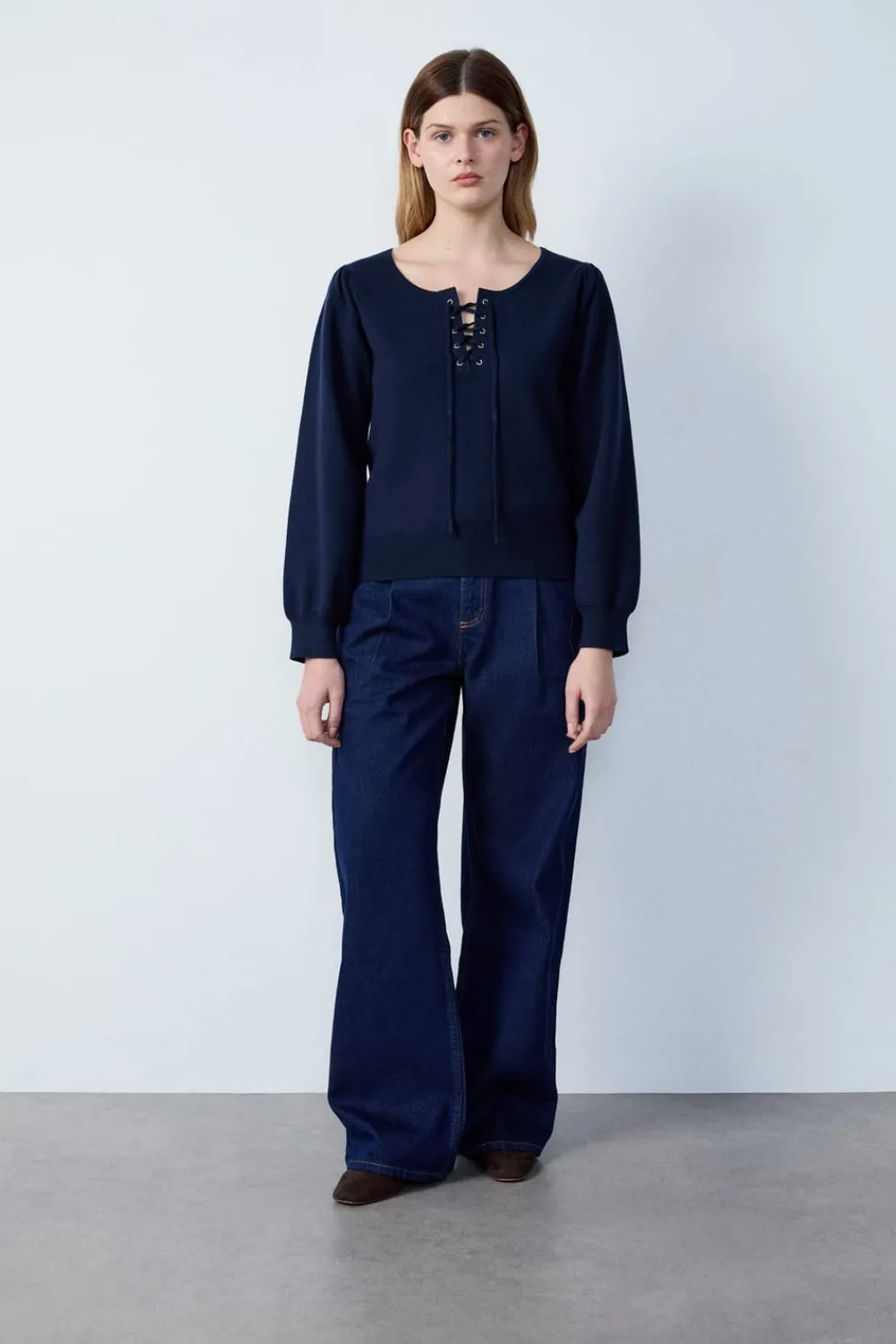 Discount ETAM Jersey con cuello de cordones AZUL MARINO