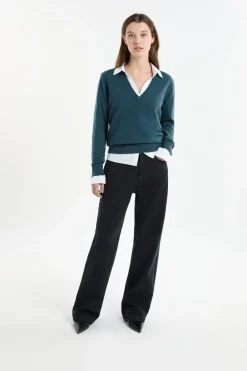 ETAM Jersey con cuello en V de lana VERDE PATO
