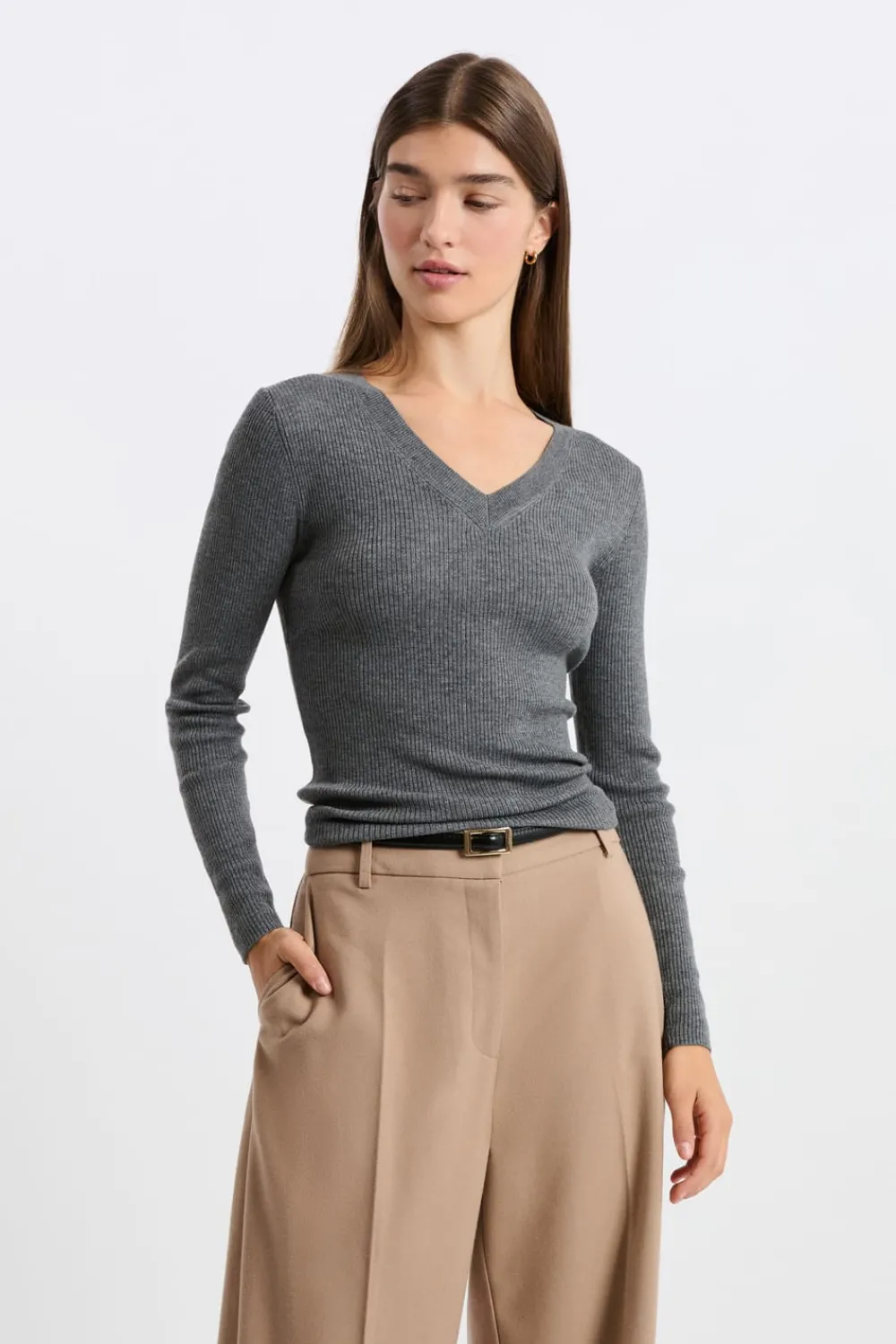 Best ETAM Jersey de cuello en V con lana GRIS
