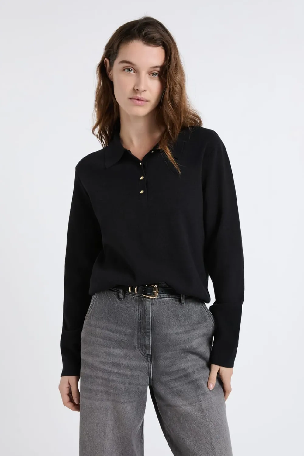 Discount ETAM Jersey de cuello polo con botones dorados NEGRO