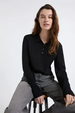 Discount ETAM Jersey de cuello polo con botones dorados NEGRO