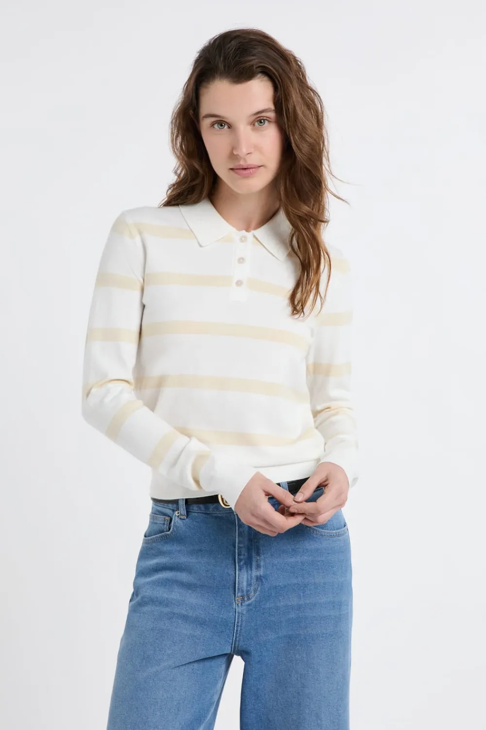 Discount ETAM Jersey de cuello polo de manga larga a rayas crudo
