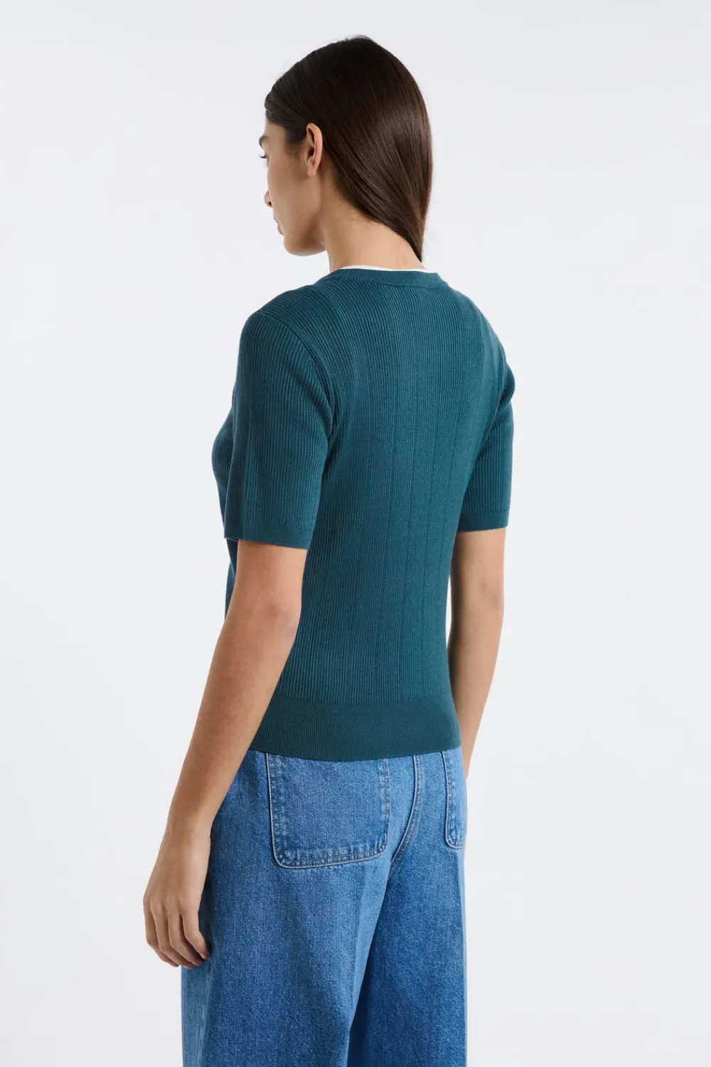 Hot ETAM Jersey de cuello redondo de punto fino VERDE PATO