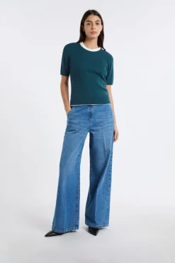 Hot ETAM Jersey de cuello redondo de punto fino VERDE PATO