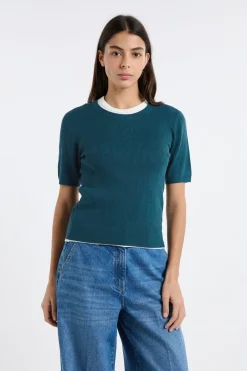 Hot ETAM Jersey de cuello redondo de punto fino VERDE PATO