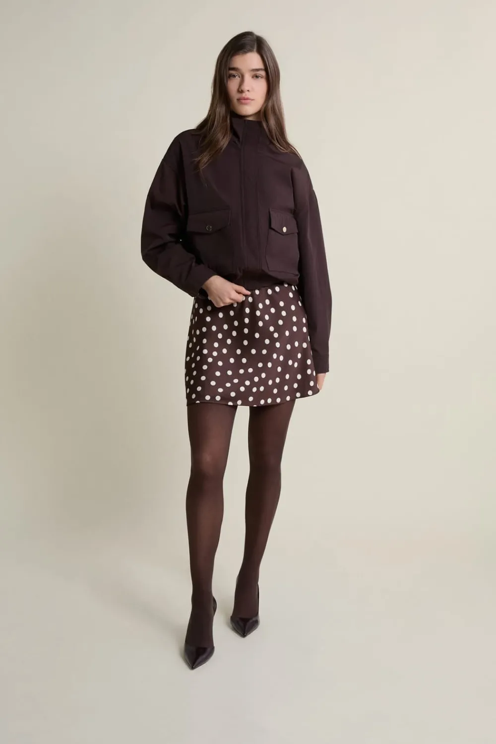 Discount ETAM Jupe courte satinée à pois MARRON