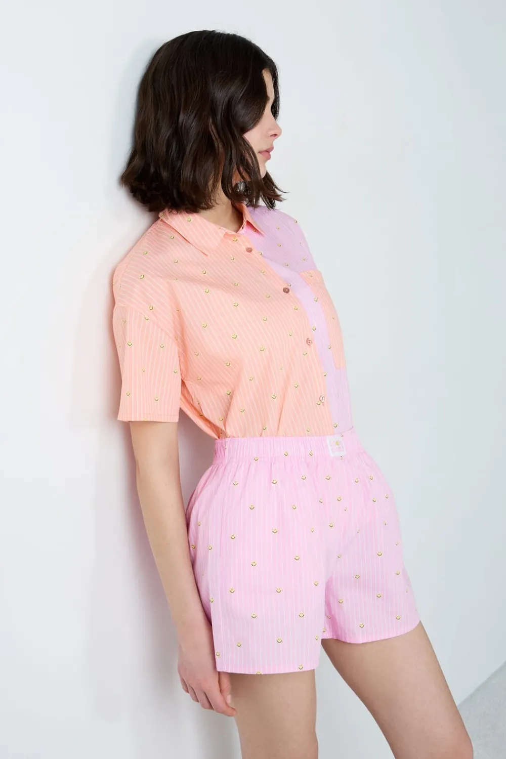 New ETAM Pantalón corto de pijama a rayas de algodón Smiley®ORIGINALS ROSA