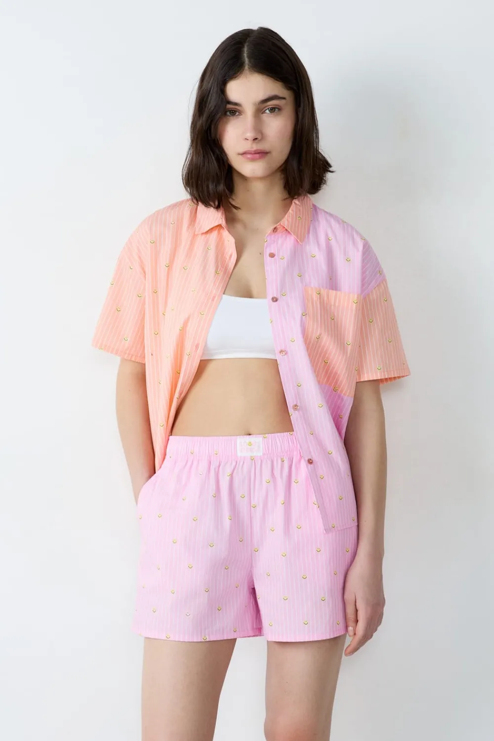 New ETAM Pantalón corto de pijama a rayas de algodón Smiley®ORIGINALS ROSA