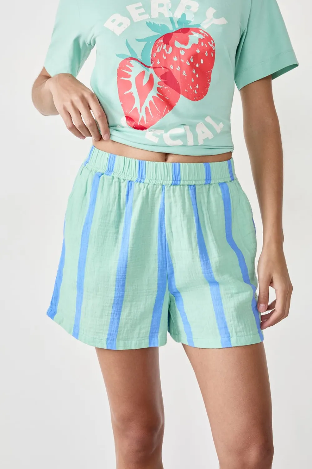 Discount ETAM Pantalón corto de pijama a rayas de algodón AZUL CLARO