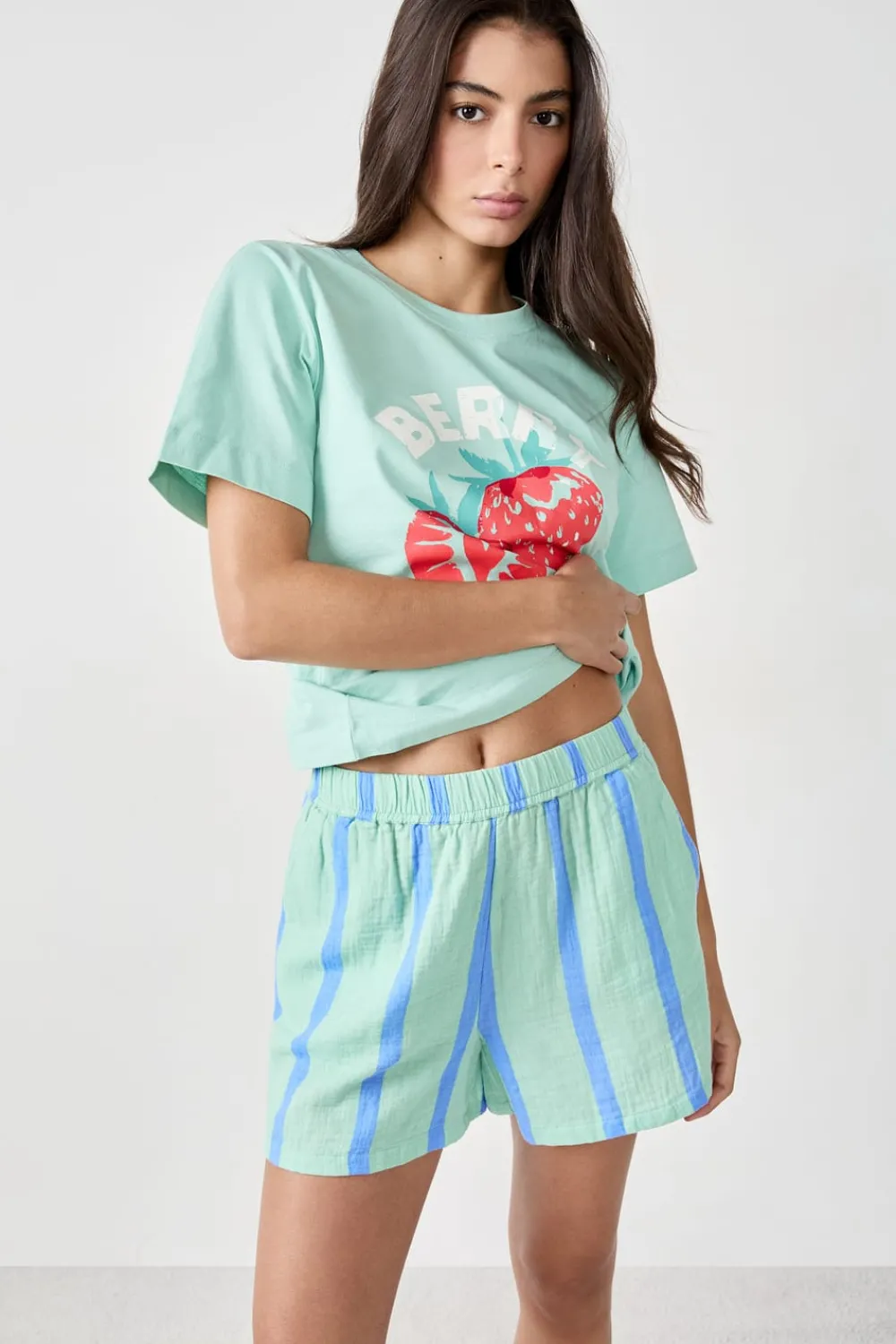 Discount ETAM Pantalón corto de pijama a rayas de algodón AZUL CLARO
