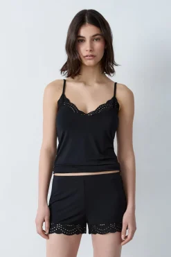 Sale ETAM Pantalón corto de pijama de modal con detalles de encaje NEGRO