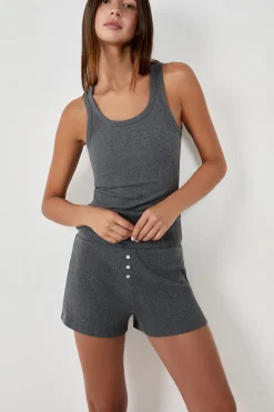 New ETAM Pantalón corto de pijama de algodón acanalado, corte recto GRIS OSCURO