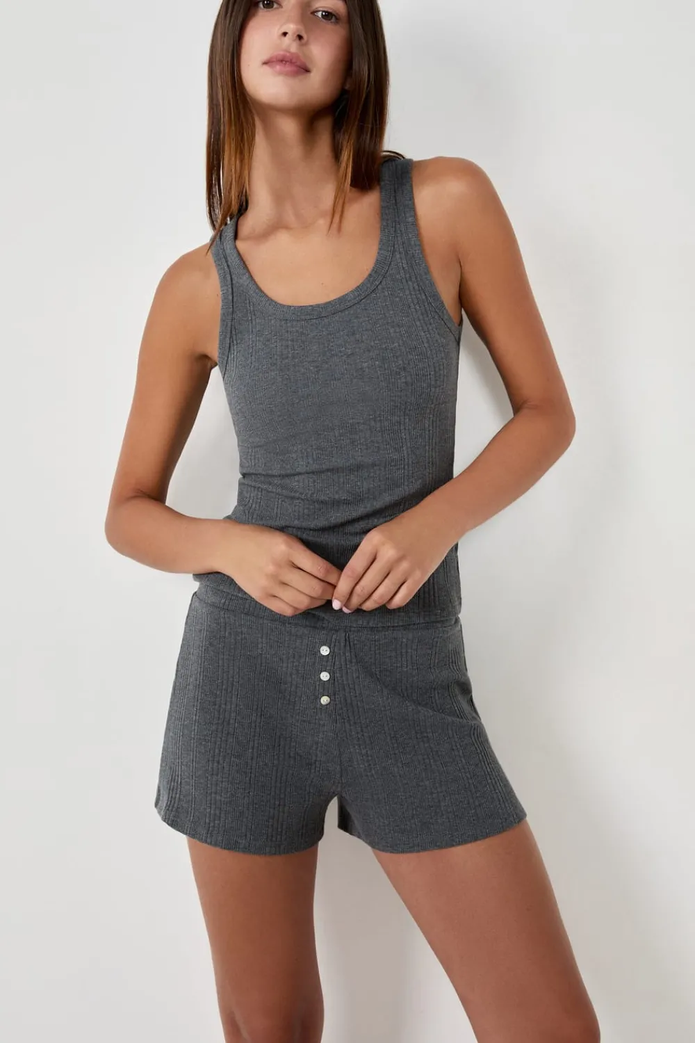 New ETAM Pantalón corto de pijama de algodón acanalado, corte recto GRIS OSCURO