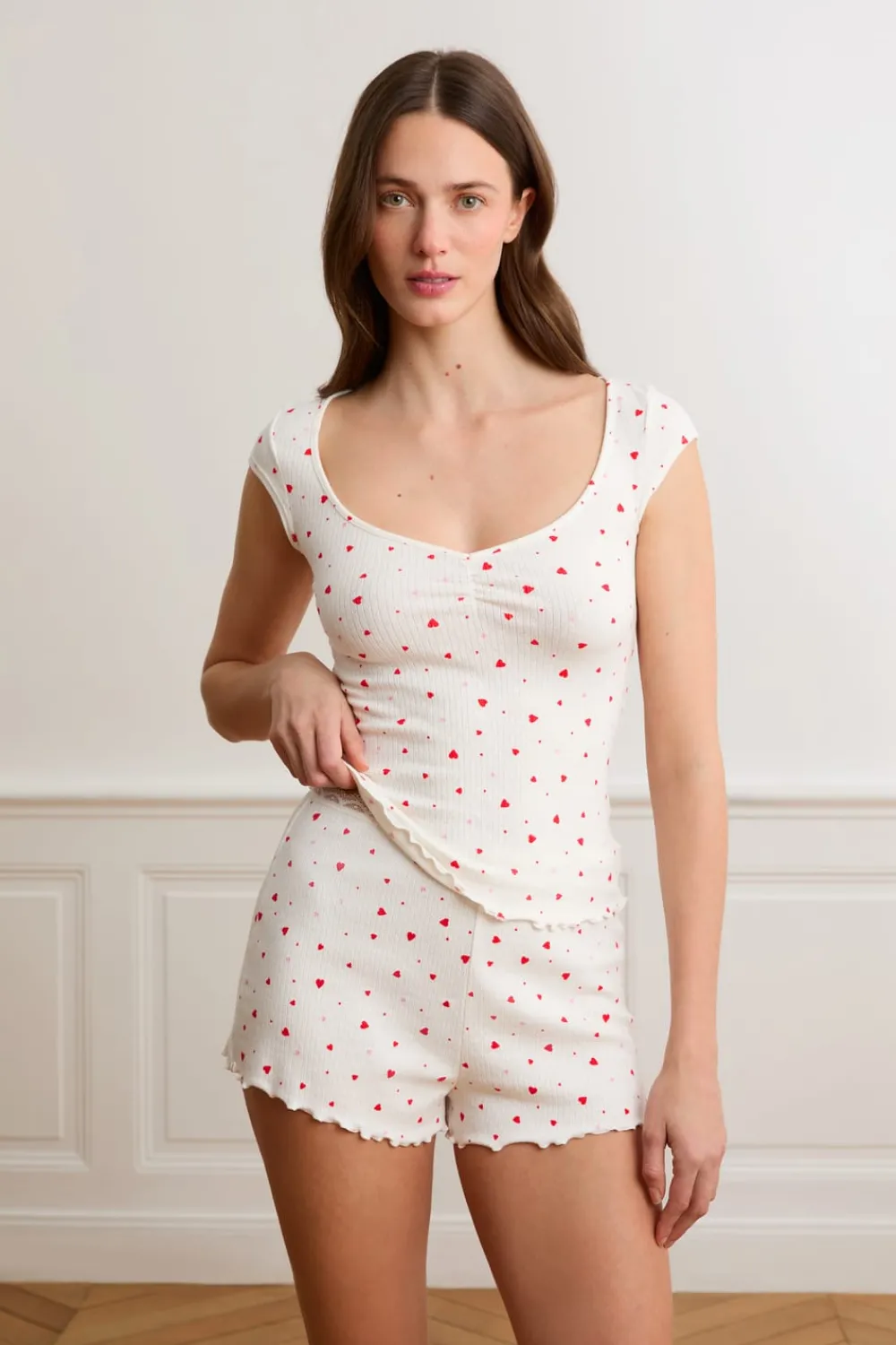 Discount ETAM Pantalón corto de pijama de punto calado con estampado de corazones de algodón IMP FD crudo