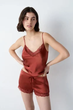 Outlet ETAM Pantalón corto de seda con detalle de encaje MARRÓN