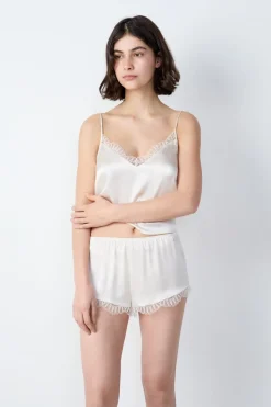 New ETAM Pantalón corto de seda con detalle de encaje CRUDO