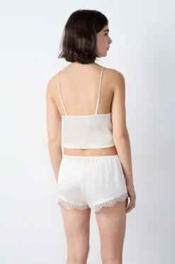 New ETAM Pantalón corto de seda con detalle de encaje CRUDO