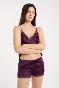 Clearance ETAM Pantalón corto de seda con detalles de encaje morado