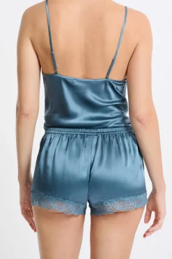 ETAM Pantalón corto de seda con detalles de encaje AZUL OSCURO