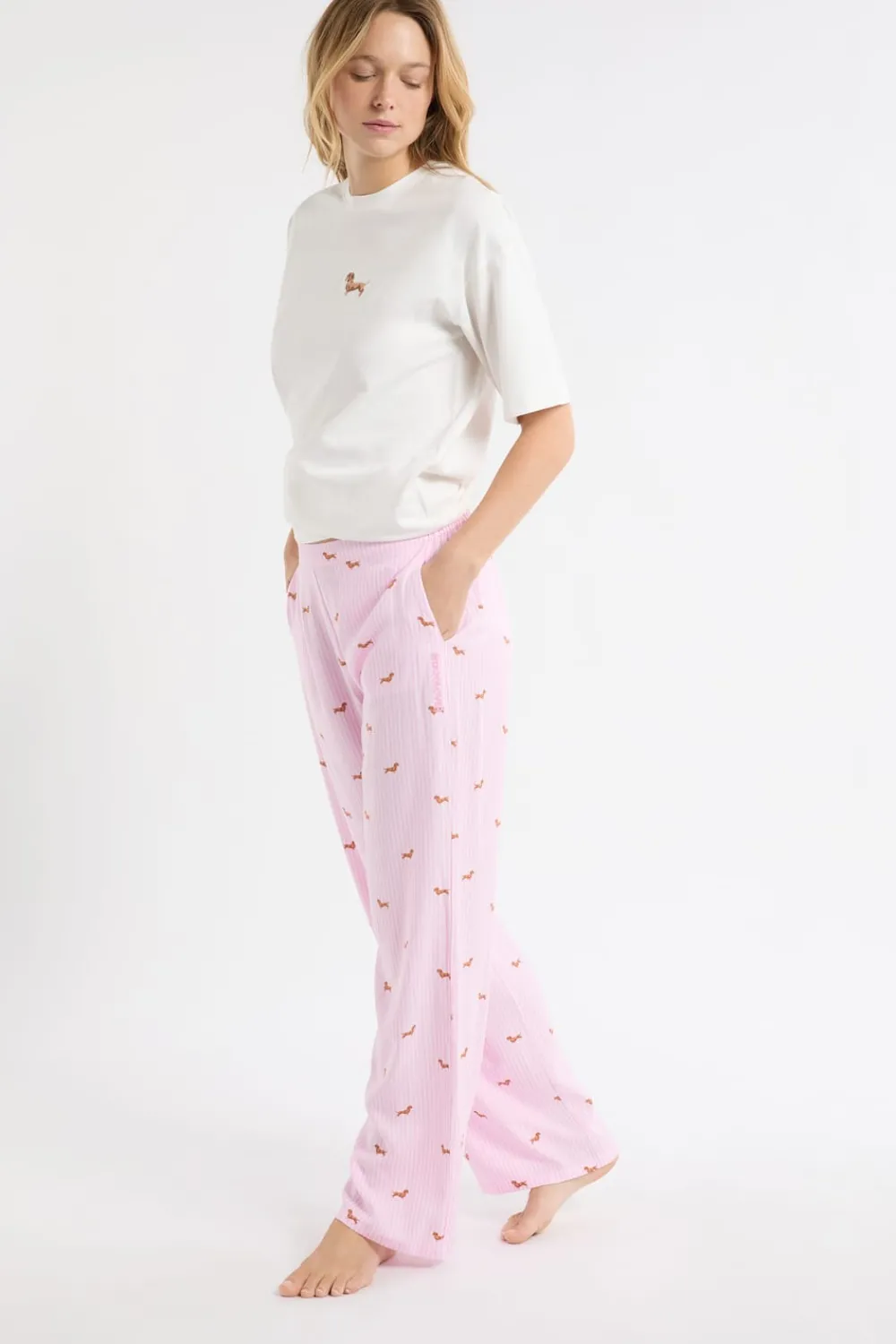 New ETAM Pantalón de pijama a rayas con estampado de perros ROSA CARAMELO