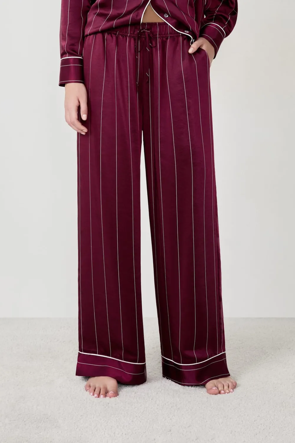 Sale ETAM Pantalón de pijama a rayas de satén BURDEOS GRANATE