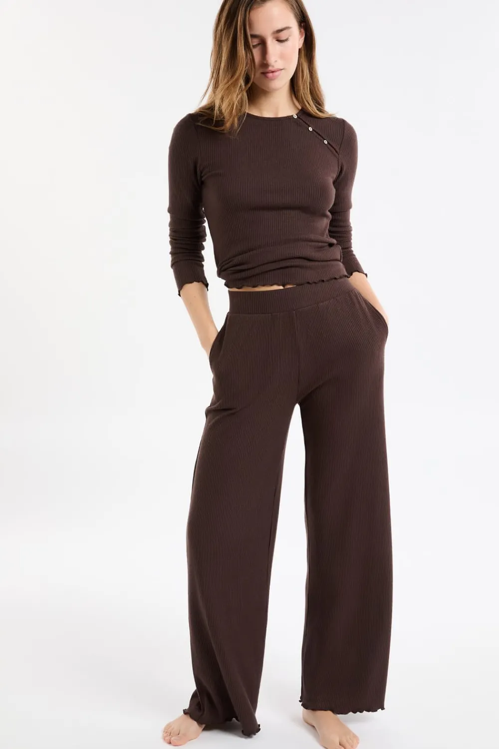 Hot ETAM Pantalón de pijama acanalado CHOCOLATE