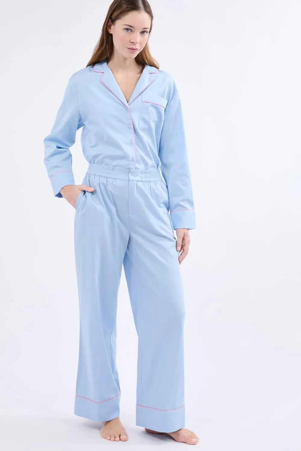 Sale ETAM Pantalón de pijama ancho de algodón AZUL CLARO
