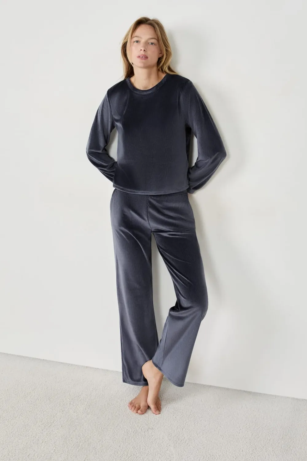 Sale ETAM Pantalón de pijama con efecto terciopelo AZUL NOCHE