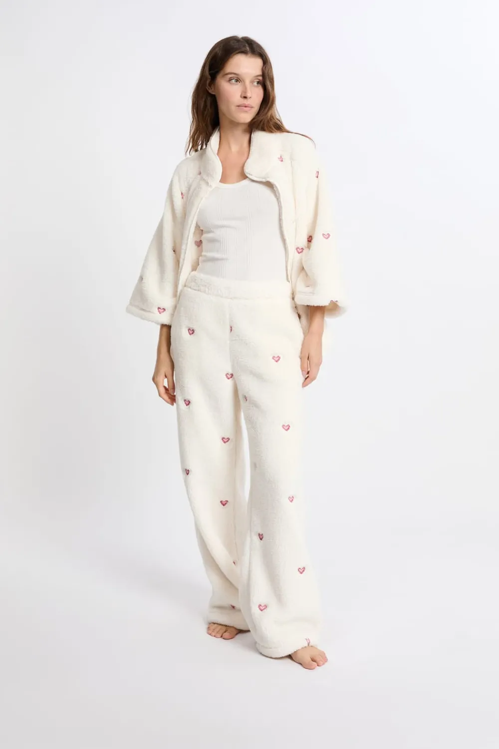 Best ETAM Pantalón de pijama con estampado de corazones efecto polar CRUDO