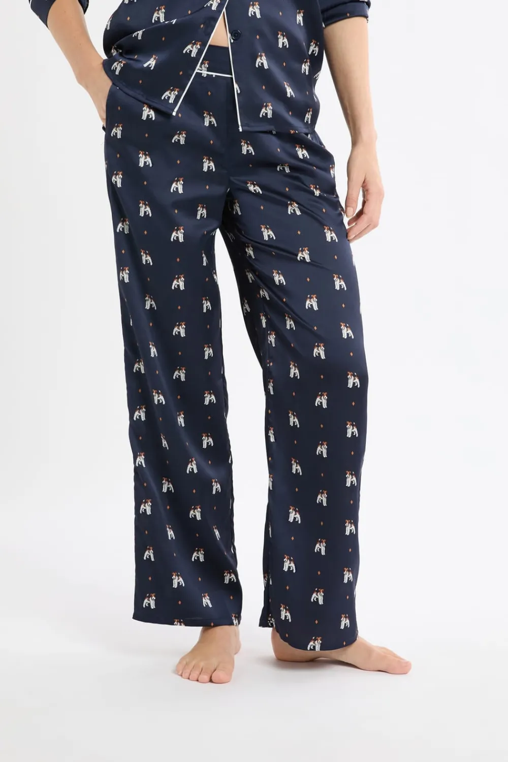 ETAM Pantalón de pijama de satén con estampado de perros IMP FD marino