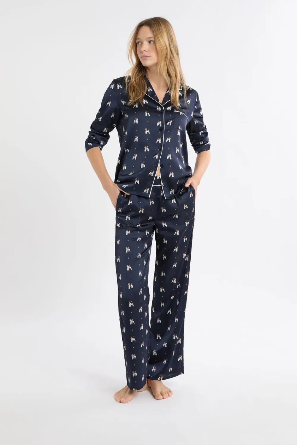 ETAM Pantalón de pijama de satén con estampado de perros IMP FD marino