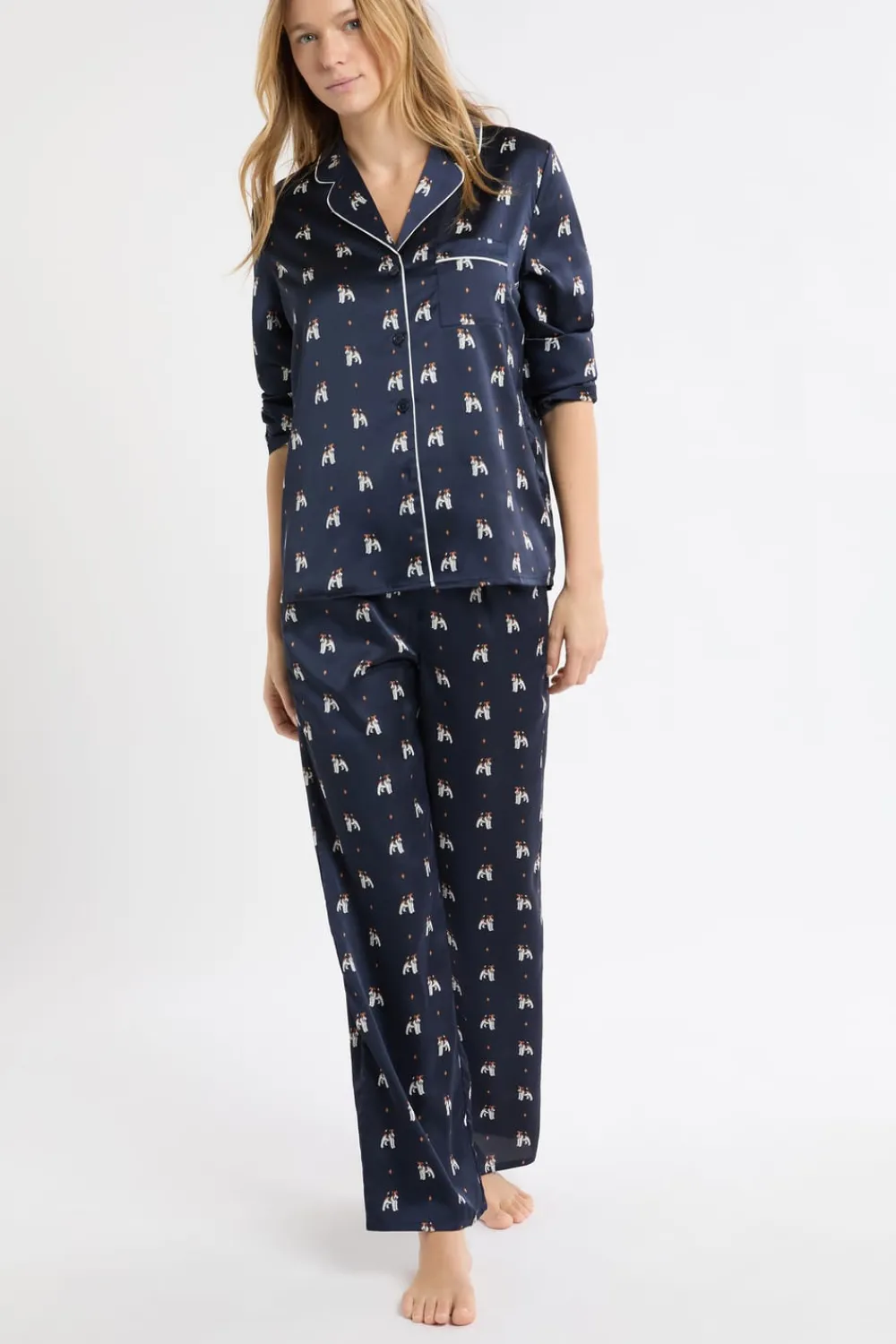 ETAM Pantalón de pijama de satén con estampado de perros IMP FD marino